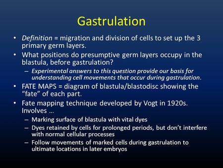 Gastrulation Definition = migration and division of cells to set up the 3 primary germ layers. What positions do presumptive germ layers occupy in the.