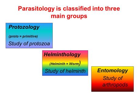 Parasitology is classified into three main groups
