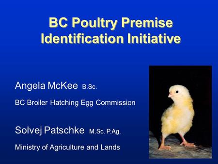BC Poultry Premise Identification Initiative Angela McKee B.Sc. BC Broiler Hatching Egg Commission Solvej Patschke M.Sc. P.Ag. Ministry of Agriculture.
