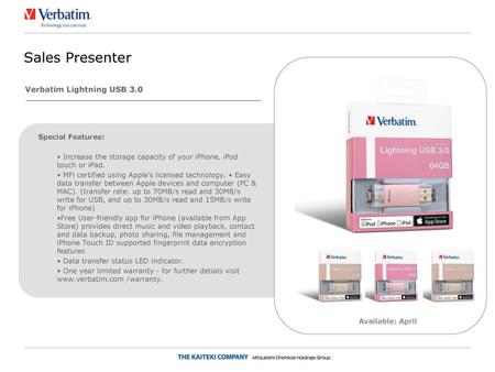 Sales Presenter Verbatim Lightning USB 3.0 Special Features: