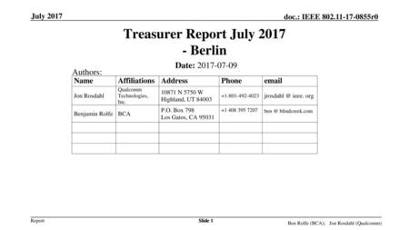 Treasurer Report July Berlin
