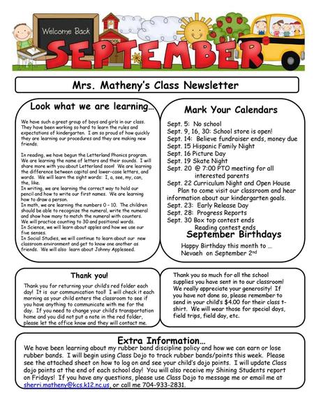 Mrs. Matheny’s Class Newsletter Look what we are learning…
