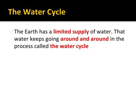 The Water Cycle The Earth has a limited supply of water. That water keeps going around and around in the process called the water cycle.