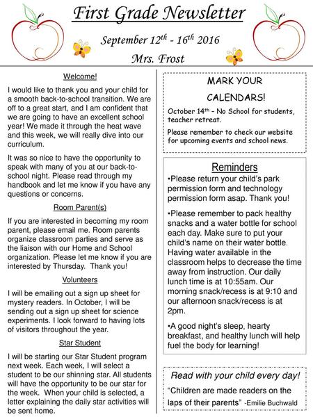 First Grade Newsletter September 12th - 16th 2016 Mrs. Frost