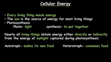 Cellular Energy Every living thing needs energy