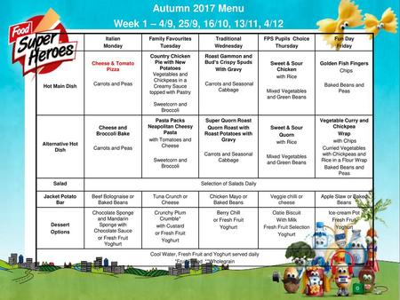 Autumn 2017 Menu Week 1 – 4/9, 25/9, 16/10, 13/11, 4/12
