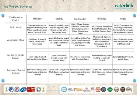 This Week’s Menu Weekly menu Week 1 Monday Tuesday Wednesday Thursday
