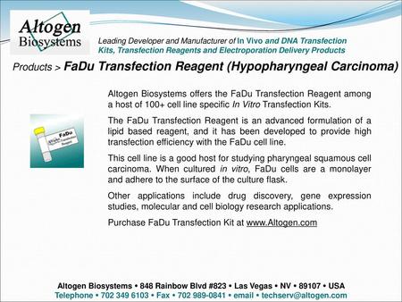 Products > FaDu Transfection Reagent (Hypopharyngeal Carcinoma)