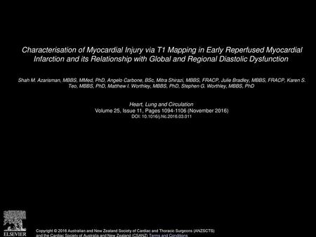 Characterisation of Myocardial Injury via T1 Mapping in Early Reperfused Myocardial Infarction and its Relationship with Global and Regional Diastolic.