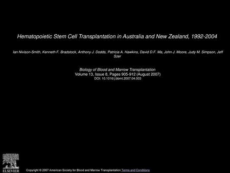 Hematopoietic Stem Cell Transplantation in Australia and New Zealand,  