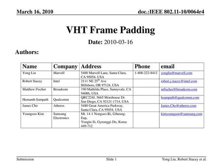 VHT Frame Padding Date: Authors: Month Year