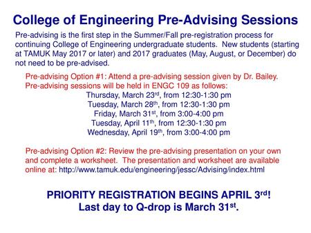 College of Engineering Pre-Advising Sessions