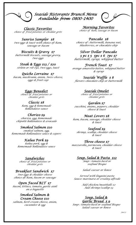 Seaside Ristorante Brunch Menu Available from