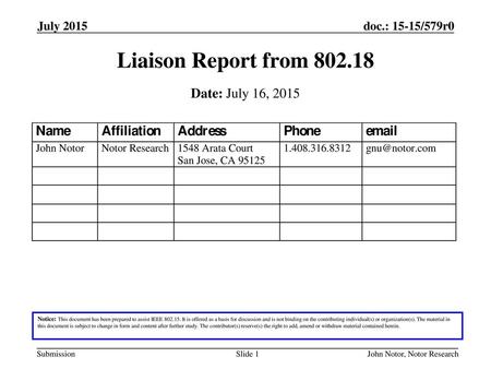 Liaison Report from Date: July 16, 2015 July 2015 Month Year