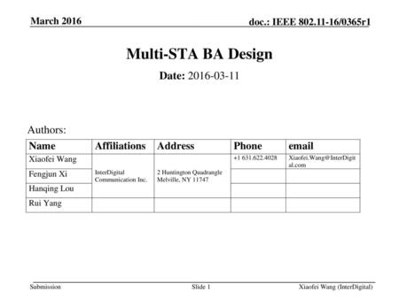 Multi-STA BA Design Date: Authors: March 2016 Month Year