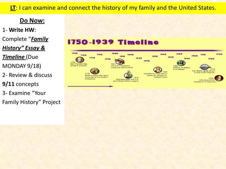 LT: I can examine and connect the history of my family and the United States. Do Now: 1- Write HW: Complete “Family History” Essay & Timeline (Due MONDAY.