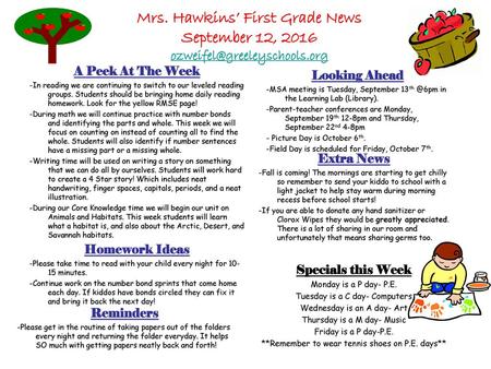 A Peek At The Week -In reading we are continuing to switch to our leveled reading groups. Students should be bringing home daily reading homework. Look.
