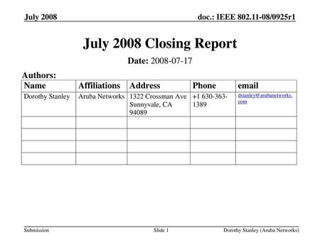 July 2008 Closing Report Date: Authors: July 2008