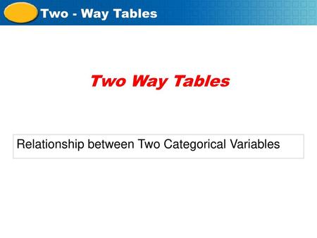 Two Way Tables Relationship between Two Categorical Variables.