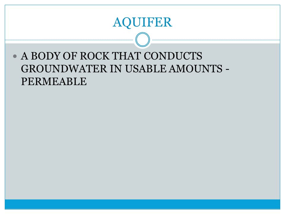 AQUIFER+A+BODY+OF+ROCK+THAT+CONDUCTS+GROUNDWATER+IN+USABLE+AMOUNTS+ +PERMEABLE