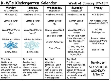 K-W’s Kindergarten Calendar Week of January 9th-13th