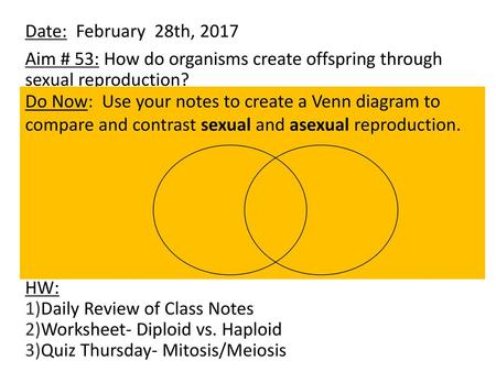 Date: February 28th, 2017 Aim # 53: How do organisms create offspring through sexual reproduction? ? HW: Daily Review of Class Notes Worksheet- Diploid.