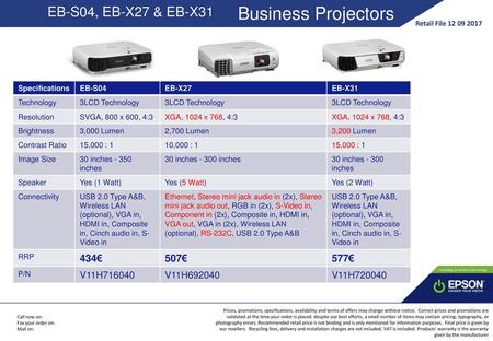 Business Projectors EB-S04, EB-X27 & EB-X31 434€ 507€ 577€ V11H716040