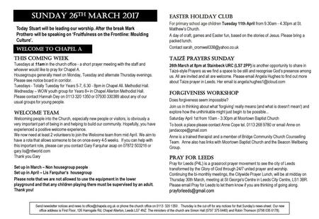 SUNDAY 26th March 2017 EASTER HOLIDAY CLUB