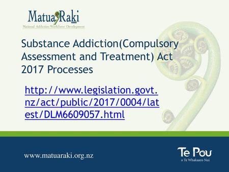 Substance Addiction(Compulsory Assessment and Treatment) Act 2017 Processes http://www.legislation.govt.nz/act/public/2017/0004/latest/DLM6609057.html.