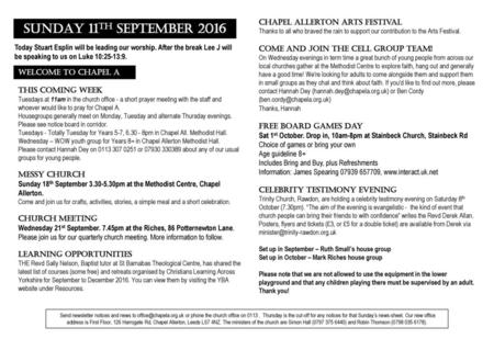 SUNDAY 11th September 2016 Chapel Allerton Arts Festival
