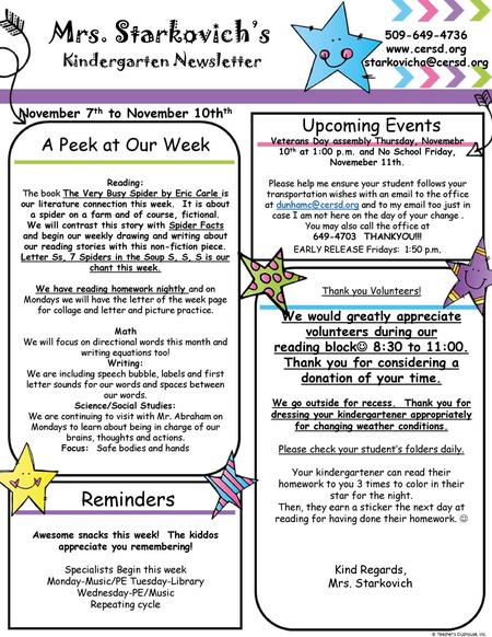 Mrs. Starkovich’s Reminders Upcoming Events A Peek at Our Week