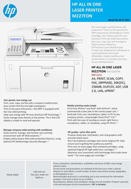 HP ALL IN ONE LASER PRINTER M227FDN