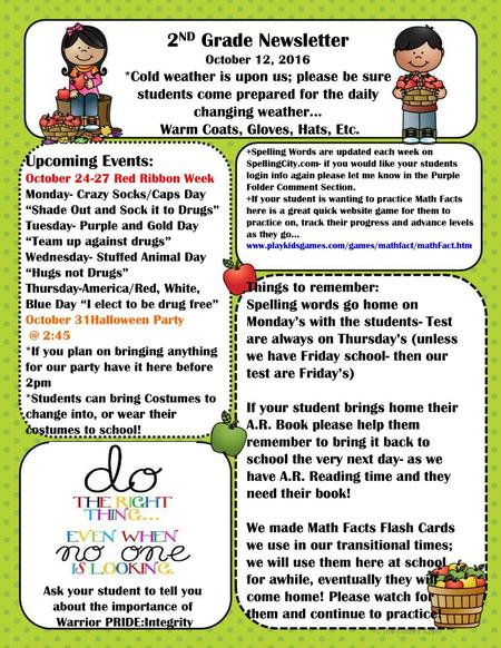 2ND Grade Newsletter Upcoming Events:
