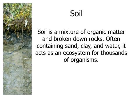 Soil Soil is a mixture of organic matter and broken down rocks. Often containing sand, clay, and water, it acts as an ecosystem for thousands of organisms.