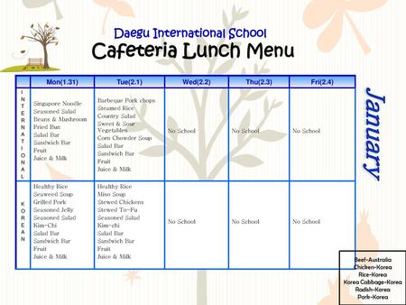 Daegu International School Cafeteria Lunch Menu