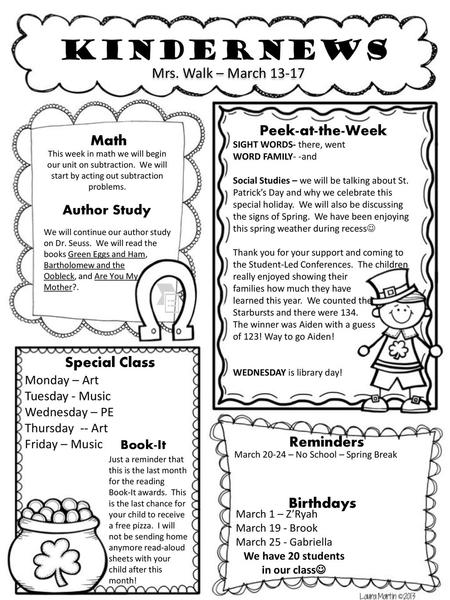 Kindernews Mrs. Walk – March Peek-at-the-Week Math Special Class