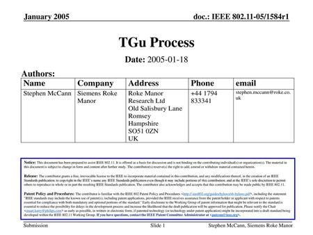 TGu Process Date: Authors: January 2005 January 2005
