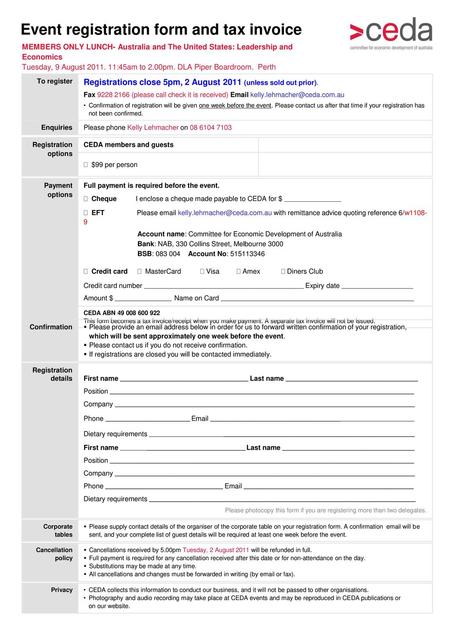 Event registration form and tax invoice
