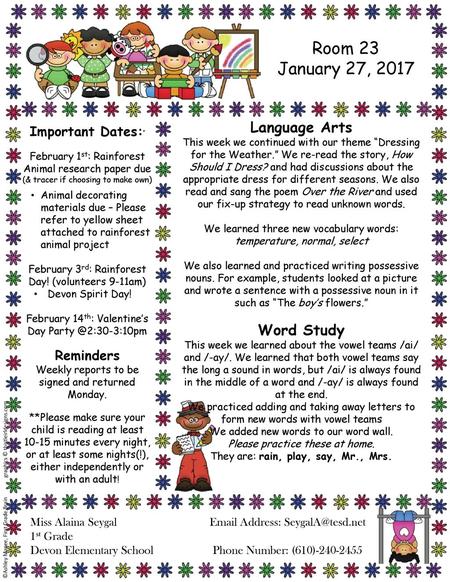 Room 23 January 27, 2017 Language Arts Word Study Important Dates:’