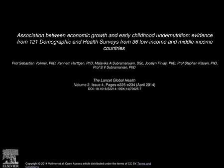 Association between economic growth and early childhood undernutrition: evidence from 121 Demographic and Health Surveys from 36 low-income and middle-income.