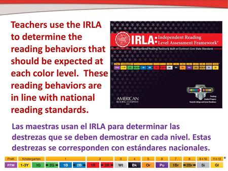 Teachers use the IRLA to determine the reading behaviors that should be expected at each color level. These reading behaviors are in line with national.