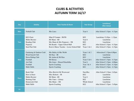 CLUBS & ACTIVITIES AUTUMN TERM 16/17