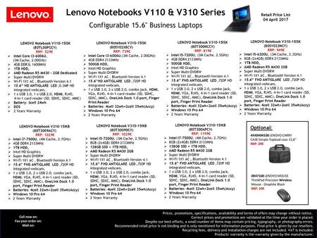 Lenovo Notebooks V110 & V310 Series Retail Price List 04 April 2017