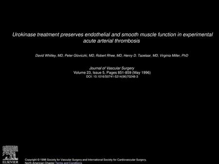 Urokinase treatment preserves endothelial and smooth muscle function in experimental acute arterial thrombosis  David Whitley, MD, Peter Gloviczki, MD,