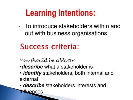 Learning Intentions: Success criteria: