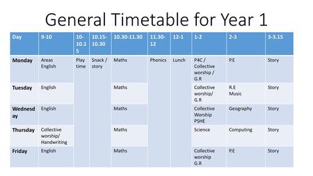 General Timetable for Year 1