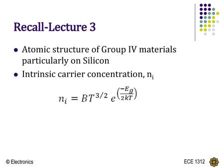 Recall-Lecture 3 Atomic structure of Group IV materials particularly on Silicon Intrinsic carrier concentration, ni.