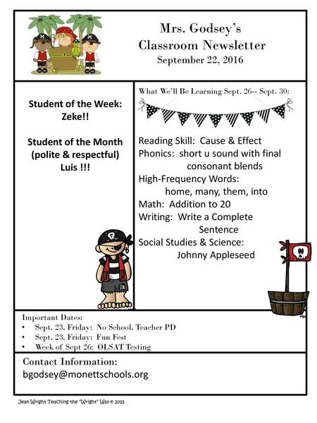 Mrs. Godsey’s Classroom Newsletter September 22, 2016