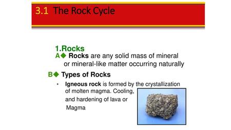 1.Rocks 3.1 The Rock Cycle A Rocks are any solid mass of mineral or mineral-like matter occurring naturally B Types of Rocks Igneous rock is formed.