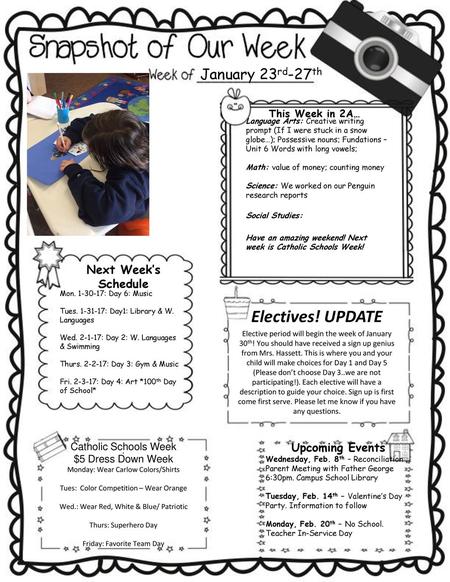 Electives! UPDATE January 23rd-27th Next Week’s Schedule